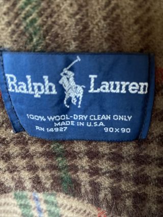 Vintage Ralph Lauren 100 Wool Blanket Brown Plaid Made In Usa 90 " X90 "