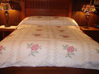 Vintage Handmade Hand Crafted Cross Stitch Bedspread With 24 Roses