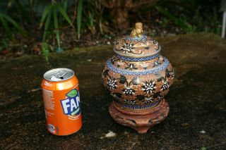 Chinese Bronze Cloisonne Carved Jar W/ Foo Dog Lid With Wooden Stand