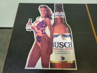 Vintage Tin Metal Busch Beer Sign Bar Attractive Woman Holding A Bottle Of Beer