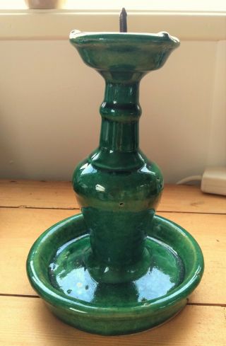 A Chinese Antique Green Ceramic / Pottery Oil Lamp / Candle Holder