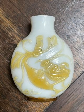 Antique Chinese Glass Overlay Snuff Bottle Grasshopper On Grass Yellow On White