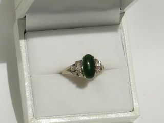 Vintage 14k White Gold Green Onyx And Diamond Ring Size 5.  5