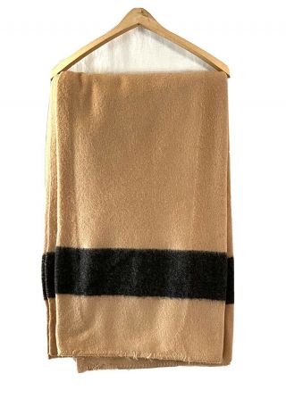 Vintage Early Whitney Wool Camp Blanket 72 X 90 Tan Dark Gray Stripe,  No Holes