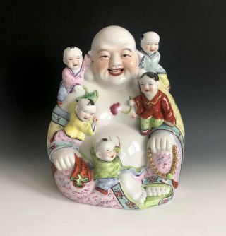 Vintage Chinese Famille Rose Porcelain Laughing Buddha With Children Statue 11”