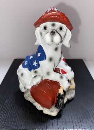 Dalmatian Dog Firefighter Figurine Red Hat Letter A American Flag Vintage