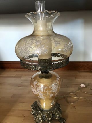 Vintage Gone With The Wind Gwtw Hurricane Lamp Smoked Amber Glass Frosted Flower