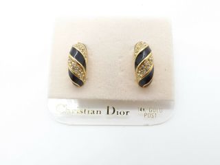 Christian Dior Vintage Nwt Gold Tone Black Enamel & Crystal Half Hoop Earrings