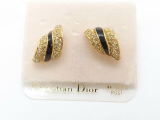 Christian Dior Vintage Nwt Gold Tone Black Enamel & Crystal Earrings,  14k Posts