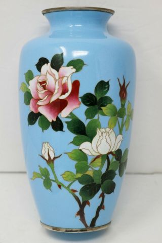 Vintage Signed Sato Japanese Cloisonne Vase Roses Unusual Robins Egg Blue Enamel