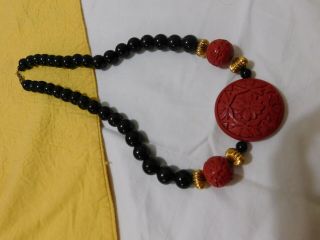 Vintage Chinese Cinnabar Medallion Black Onyx Beaded Necklace