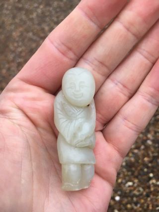 Antique Chinese White Jade Figure Of A Boy And Bird 19th Century Qing Hetian