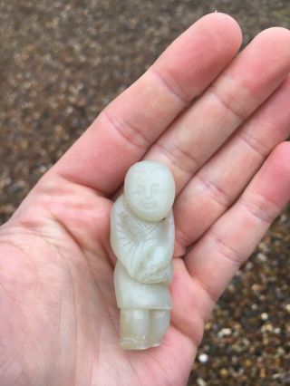 Antique Chinese White Jade Figure Of A Boy And Bird 19th Century Qing Hetian 2