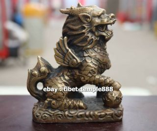 12 Cm Chinese Pure Bronze Foo Dog Lion Kylin Unicorn Beast Wing Animal Sculpture