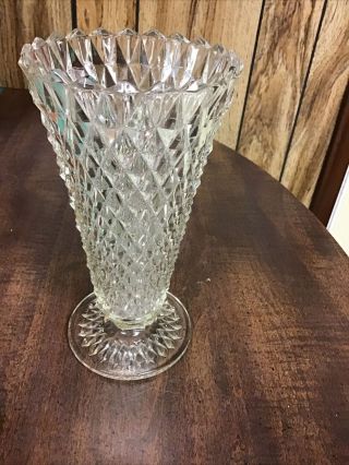(1) Clear Diamond Cut Glass Footed 8 " Flower Floral Vase Pointed Top Vintage