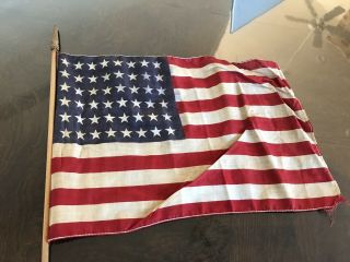 Vintage 48 Star American Cloth Parade Flag On Wooden Stick 9” X 16”