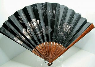 Antique 1880 ' s Hand Painted Black Silk & Wood European Hand Fan Wood Spokes 2