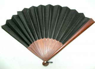 Antique 1880 ' s Hand Painted Black Silk & Wood European Hand Fan Wood Spokes 3