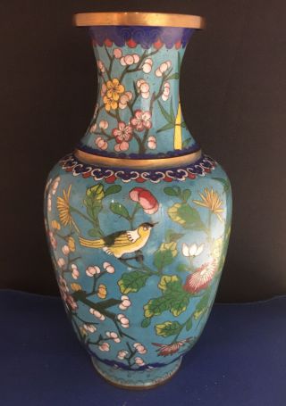 Antique Chinese Cloisonné Blue Vase With Cherry Blossom Floral,  Bird Motif 9”t