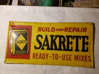 Vintage Sakrete Concrete Advertising Sign Embossed Self - Framed 28x14 " Tin Tacker