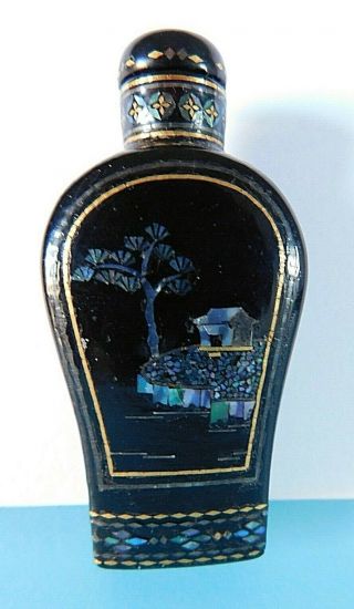 Antique / Vintage Chinese Mother Of Pearl Inlaid Black Lacquer Snuff Bottle