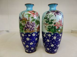 Antique Japanese Meiji Cloisonne Ginbari Vases With Flowers