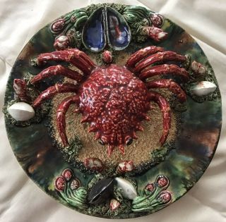 Lovely Vintage Palissy Ware Majolica 12” Callas Da Rainha Crab Plate.