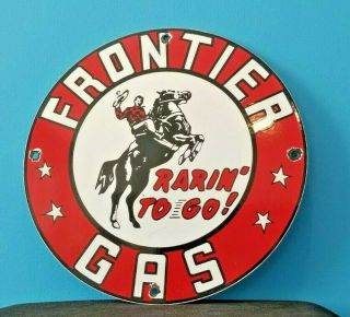 Vintage Frontier Gasoline Porcelain Cowboy Horse Service Station Pump Rack Sign