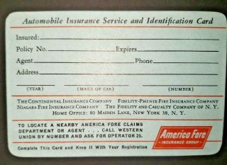 American Fore Insurance Group Auto Insurance Service / Id Card Blank Vintage (b7
