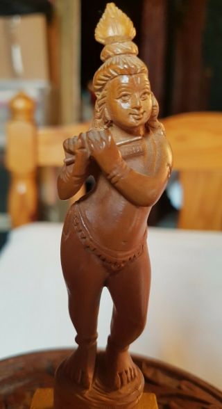 Vintage Carved Sandal Wood Statue Of Hindu God Krishna Playing His Flute.