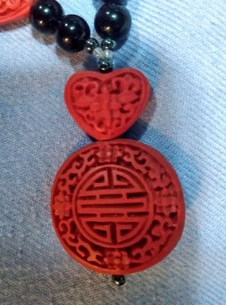 Hand Carved Vintage Cinnabar Necklace With Onyx Beads Good Luck Longevity