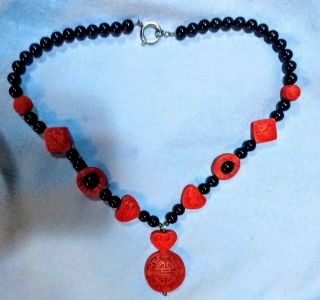 Hand carved Vintage Cinnabar Necklace With Onyx Beads Good Luck Longevity 2