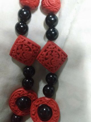 Hand carved Vintage Cinnabar Necklace With Onyx Beads Good Luck Longevity 3