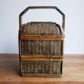 Vintage Chinese Wedding Basket 2 - Tier Square With Carved Handle Rattan And Wood