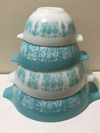 Set Of 4 Vintage Pyrex Cinderella Mixing Bowls Butterprint Turquoise