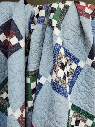 (227) Beautful Vintage Quilt Nine Patch And Chain Variation Hand Quilted