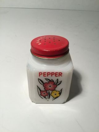 Vintage Tipp City Pepper Shaker Milk Glass Flowers,  Red Lid - Replacement