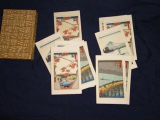 12 Vtg Miniature Japanese Woodblock Prints On Bridge Tally Cards