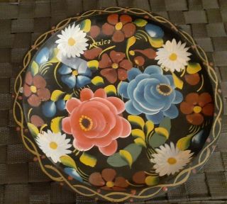 Wooden Hand Painted Plate With Flowers From Mexico
