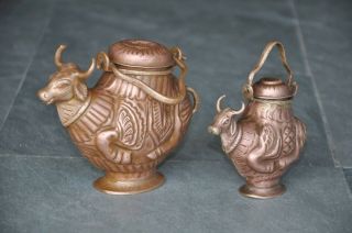 2 Pc Old Copper Inlay Engraved Cow/nandi Shape Handcrafted Holy Water Pot