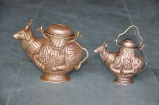 2 PC Old Copper Inlay Engraved Cow/Nandi Shape Handcrafted Holy Water Pot 2
