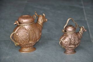 2 PC Old Copper Inlay Engraved Cow/Nandi Shape Handcrafted Holy Water Pot 3