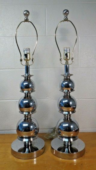 Pair (2) Vintage Mid Century Modern Style Stacked Chrome Ball Table Lamps 3 Way
