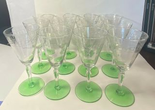 12 Vintage Stemmed Champagne Flute Optic Glass Green Vaseline Base Needle Etched