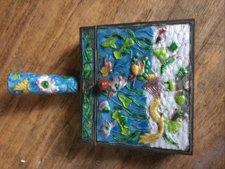 Antique Chinese Brass Enamel Cloisonne Crumb And/or Ash Tray Catcher With Handle