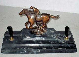 Vintage Desk Top Pen And Pencil Holder With Copper Horse And Jockey 1930 