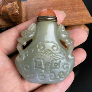 Chinese Antique Hand Carved Dragon Hetian Jade Snuff Bottle Figurines & Statues