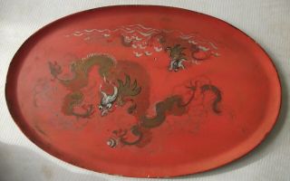 Antique Chinese Export Red Lacquer Oval Tray With Hand Painted Sea Dragon Design