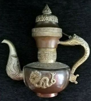 Antique Tibetan Brass & Copper Dragon Teapot To Be Found On A Buddhist Alter
