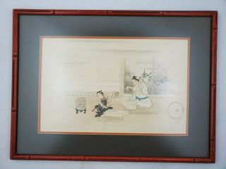 Vintage Japan Japanese Woodblock Print - Signed - Framed In Bamboo